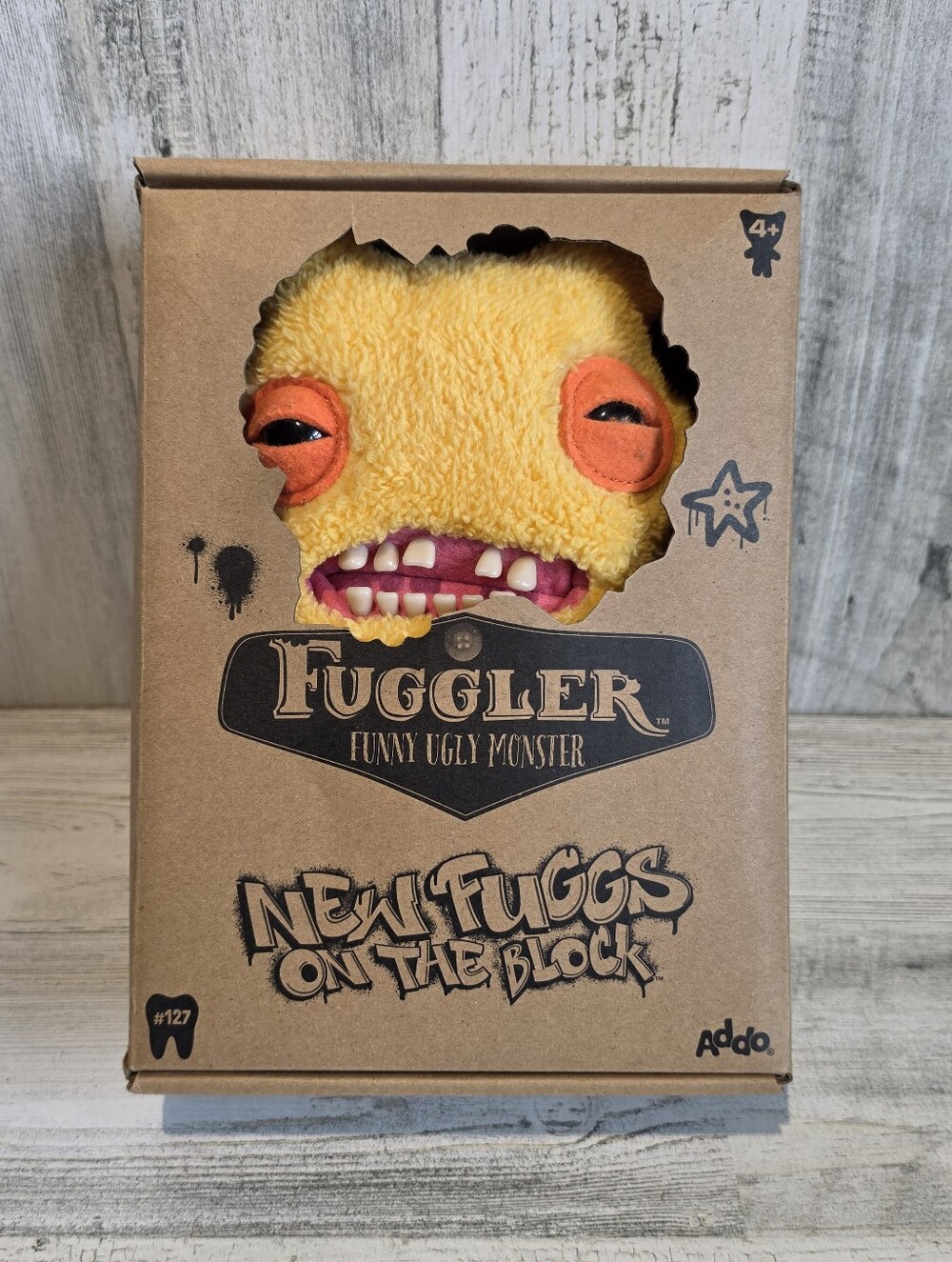 Fuggler Scarescome Square Bear #127 Yellow Plush New Fuggs on the Block w/ Box